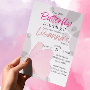Invito per il primo compleanno a forma di farfalla, modificabile, invito di compleanno rosa, stampabile, per feste di compleanno per bambine, download immediato, per feste di compleanno di qualsiasi età.