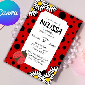 Ladybug 1st Birthday Invitation Girl Editable Canva Template Cute Red and Black Lady Bug Theme Instant Download Printable Invite