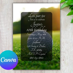 Invitación de cumpleaños de golf editable, invitación para fiesta de té Let's Par para niños, plantilla de Canva, tarjeta imprimible o digital para fiesta de golf para niño o niña