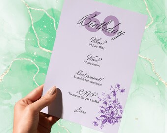 May include: A lavender birthday invitation with the number 60 and the word "Birthday" in a script font. The invitation includes details for the event, such as the date, time, and location, along with an RSVP number and a floral design.