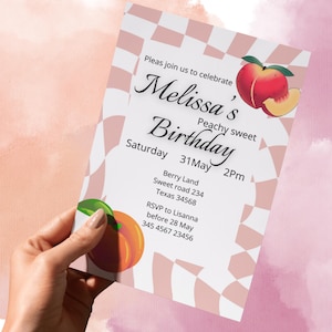 Gingham Peach Birthday Invitation: Editable Fruit Party Theme (Digital Download Canva Template 5x7in