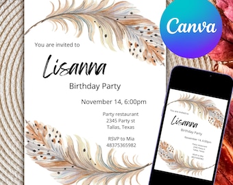 Convite de aniversário Boho: modelo elegante para impressão no Canva
