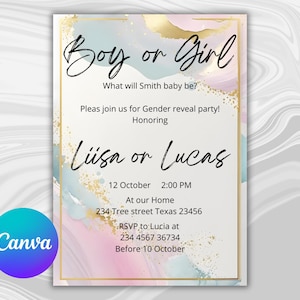 Gender Reveal Einladung Süßer Junge oder Mädchen Ankündigung Rosa Blau Pastell Design Bearbeitbare Canva Vorlage Druckbare Digitale Karte