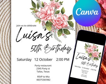 Pink Flower Bouquet Birthday Invitation: Elegant Floral Party Invite (Canva, Printable)