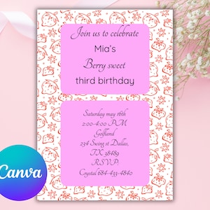 Convite de aniversário com tema de morango vintage para meninas de qualquer idade, modelo editável do Canva, cartão de aniversário digital ou para impressão
