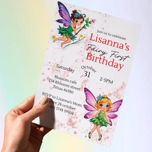 Fairy First Birthday Invitation Editable Canva Template Cute Girl Party Invite Pink Fairy Theme Instant Download