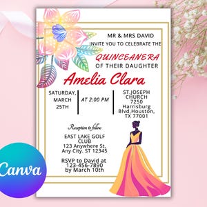 Uitnodiging quinceañera wit en neon bloemen 15e verjaardag uitnodiging bewerkbare canvassjabloon Elegant vet ontwerp Aanpasbare tekst