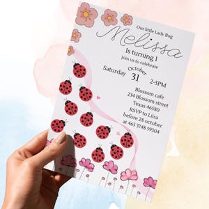 Ladybug 1st Birthday Invitation Girl  Editable Canva Template Watercolor Lady Bug Theme Pink Floral Printable Instant Download