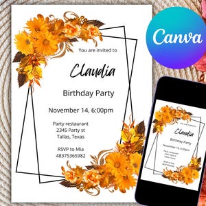 80. Geburtstags-Einladung Orange Blumen Party einladen für Frauen Editable Canva Vorlage Elegante druckbare 30.50.60.70.Geburtstagskarte