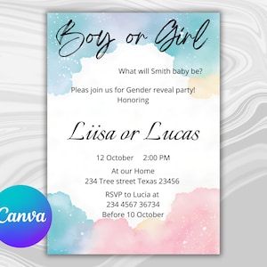 Gender Reveal Einladung Süßer Junge oder Mädchen Karte Rosa Blau Pastell Design Bearbeitbare Canva Vorlage Druckbare Digitaler Download Einladen
