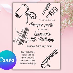 Glam Makeup Party Einladung für Mädchen Bearbeitbare Canva Pamper Party Invite Pink Friseur Geburtstag Printable Digital Download