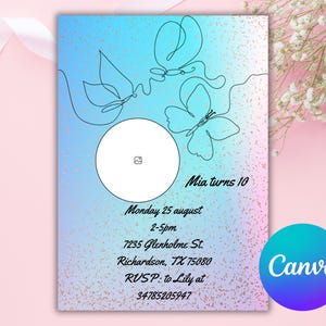 Invito di compleanno per ragazza a tema farfalla, invito per festa a tema farfalla blu pastello, modello modificabile con download immediato e Canva
