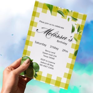 Convite de aniversário com tema de limão e guingão, editável, verde cítrico, convite para festa de aniversário de verão, download instantâneo, modelo com tema de jardim refrescante