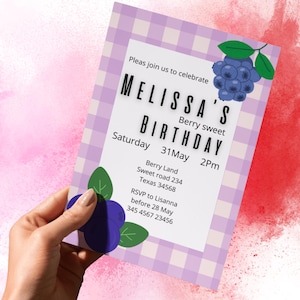 Convite de primeiro aniversário com mirtilo, tema de frutas vermelhas, convite fofo com frutas vermelhas, modelo de primeiro aniversário editável, modelo Canva para qualquer idade