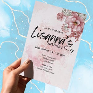 Blumen Geburtstagseinladung : Rosa Aquarell Party Vorlage (Digitaler Download, Canva Bearbeitbar, 13 x 18 cm
