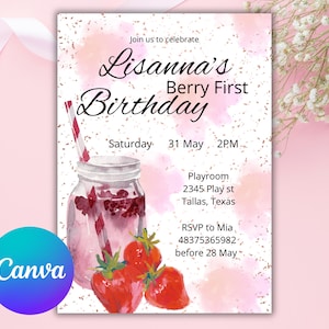 Convite de primeiro aniversário com tema de morango para meninas, modelo editável Canva, convite para festa para impressão, convite para qualquer idade