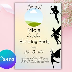 Fairy First Birthday Invitation: Pastel Canva Template (Digital Download)
