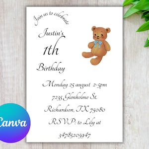 Modelo de convite de aniversário de urso, convite de primeiro aniversário de urso, festa de urso de pelúcia, design editável do Canva, cartão para impressão de qualquer idade, convite para menino