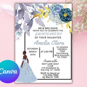 Uitnodiging quinceañera witte en marineblauwe bloemen 15e verjaardag uitnodiging bewerkbare canvassjabloon elegant ontwerp aanpasbare tekst