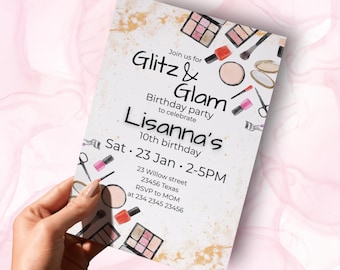 Glitz and Glam Birthday Invitation | Makeup Birthday Party Invite | Editable Girl Birthday Invitation | Printable Canva Template