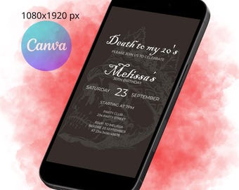 May include: A black smartphone displays a digital invitation. The invitation reads "Death to my 20's" and announces Melissa's 30th birthday on September 23rd. The design includes a skull graphic and event details.