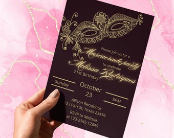 Elegant Masquerade Party Invitation: Gold & Black, 21st Birthday (Digital Download, Canva Template, 5x7 in