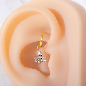 16G Titanium Flower CZ Helix Earring, 8mm Silver Daith Hoop Earring, Gold Cartilage Ring Clicker, Hinged Earrings, Ear Piercing