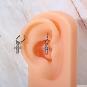 16G Titanium Cross CZ Helix Earring, 8mm Silver Sharp Rook Hoop Earring, Tragus Ring Clicker, Hinged Earrings, Ear Piercing