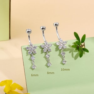 14G Sterling Silver Flower Dangle Belly Button Ring - 3A CZ 6mm to 10mm  Navel Body Piercing Jewelry - Non Healed Piercing Friendly