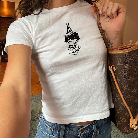 Hirono Baby Tee - Y2K Vintage Character Graphic Shirt, Coquette Fitted Top, Retro Nostalgic Tee, Cute Dino Costume Shirt