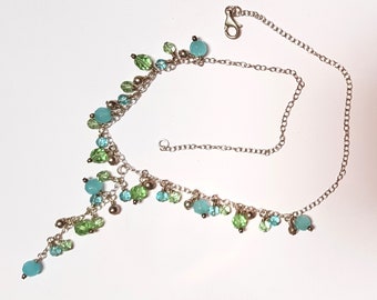 Silver necklace sterling Y chain crystal beaded green turquoise beads bead vintage