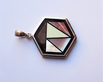 Vintage silver pendant Whitney Kelly WK inlaid hexagon mother of pearl sterling