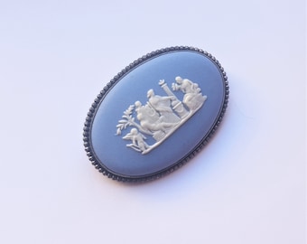 Cameo brooch sterling silver vintage oval Wedgwood blue