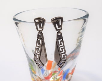 Sterling silver Greek key earrings dangly post vintage