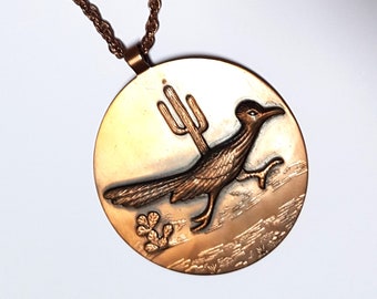 Copper road runner necklace huge vintage disc pendant and chain