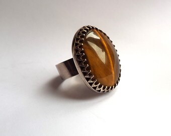 Sterling silver ring modernist design huge heavy tigers eye vintage 70s