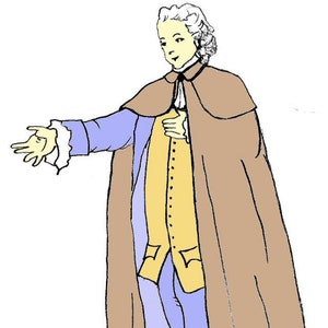 May include: A man wearing a brown cape over a blue and yellow suit. He is wearing white stockings and black shoes.