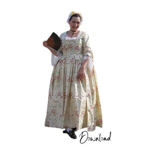 Patrón de costura para vestido de túnica abierta (siglo XVIII, 1730-1760) - Descarga en formato PDF de gran tamaño.