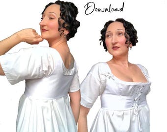 May include: Two women wearing white Regency-era dresses. The dresses have short sleeves and a fitted bodice with a laced front. The text "Download" is written in cursive in the upper right corner.