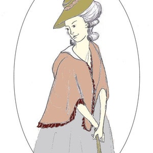 May include: A woman in a light brown dress and a brown hat with a pink ribbon. She is holding a stick in her right hand.