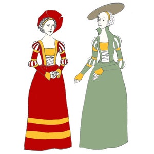 以下が含まれることがあります： ルネサンス時代の服装をした2人の女性。左の女性は、黄色のトリムと赤い帽子が付いた赤いドレスを着ています。右の女性は、白と黄色のトリムと茶色の帽子が付いた緑のドレスを着ています。