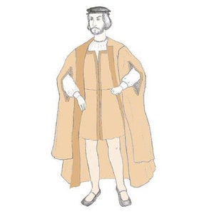 Könnte beinhalten: Eine handgezeichnete Illustration einer Person, die eine lange, braune Robe mit einem hohen Kragen und einer schwarzen Mütze trägt. Die Person steht mit gekreuzten Händen vor sich.