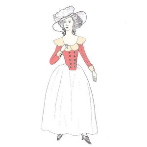 May include: A woman wearing a white dress with a red jacket and a white hat with a flower accent.