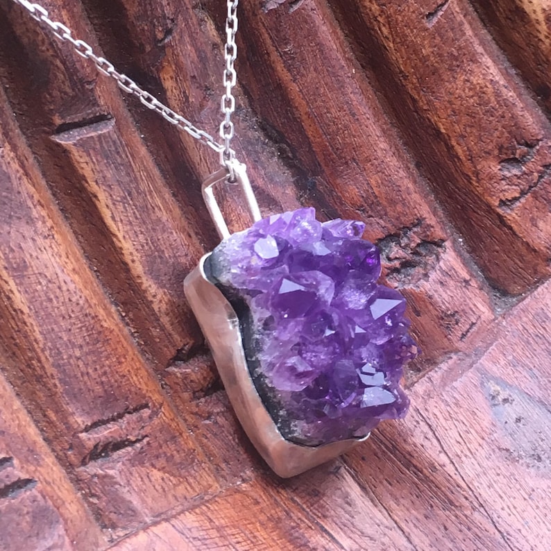 Energetic Chakra Healing Gifts for Her Hippie Purple Boho Meditation Amethyst Druzy Sterling Silver Statement Pendant Organic Stone