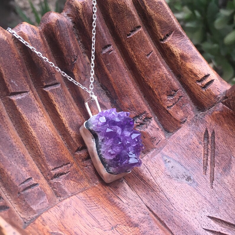 Energetic Chakra Healing Gifts for Her Hippie Purple Boho Meditation Amethyst Druzy Sterling Silver Statement Pendant Organic Stone