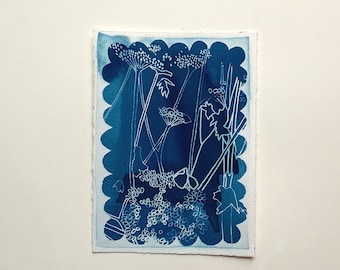 Garden Cyanotype, Cyanotype Print-sun print, hand drawn print, 5"x7", cyanotype print, monotype