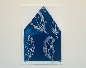 Feather Cyanotype Print-Cyanotype Print-sun print, hand drawn print, 5"x7", cyanotype print, monotype