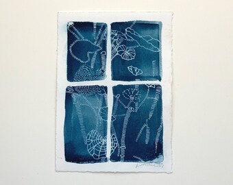 Window Cyanotype Print-Cyanotype Print-sun print, hand drawn print, 5"x7", cyanotype print, monotype