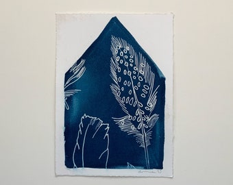 Feather Cyanotype Print-Cyanotype Print-sun print, hand drawn print, 5"x7", cyanotype print, monotype