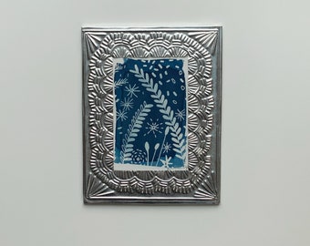 Framed Cyanotype, framed sun print, hand made frame, ready to hang, garden cyanotype print,